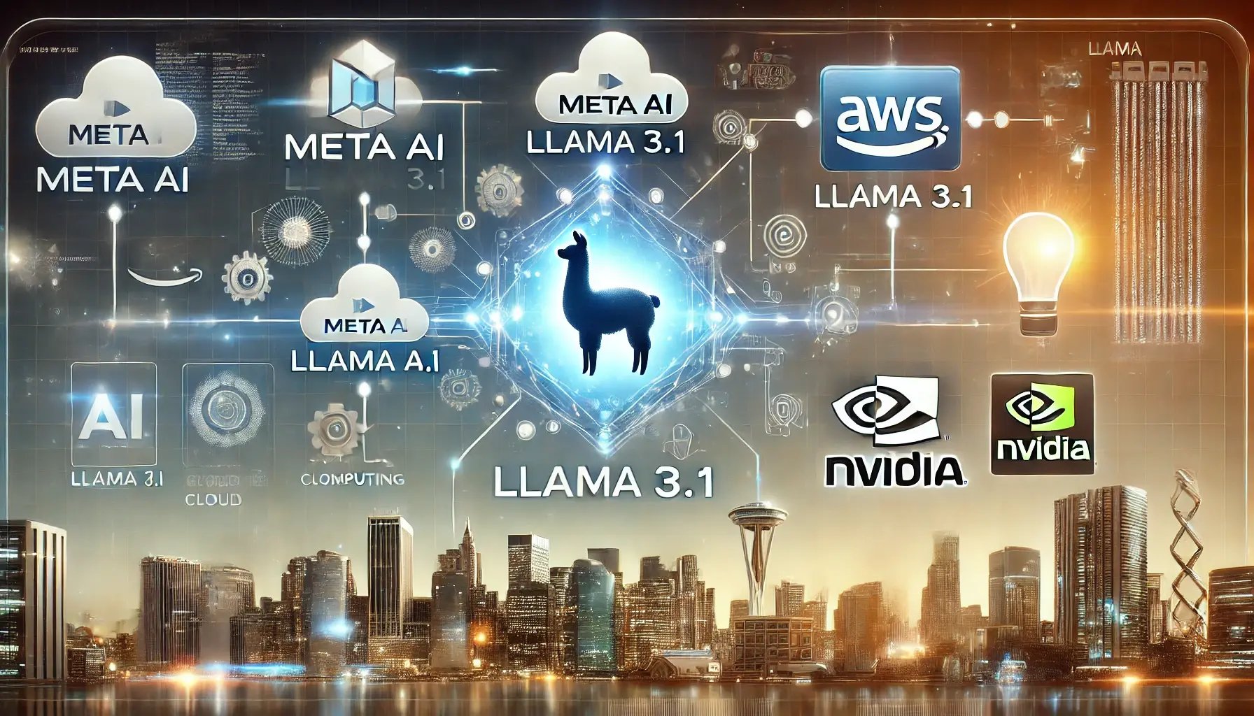 DALL·E 2024-08-20 22.05.24 - A professional and sleek horizontal image illustrating the collaboration between Meta AIs Llama 3.1 and technology giants like AWS and NVIDIA. The im